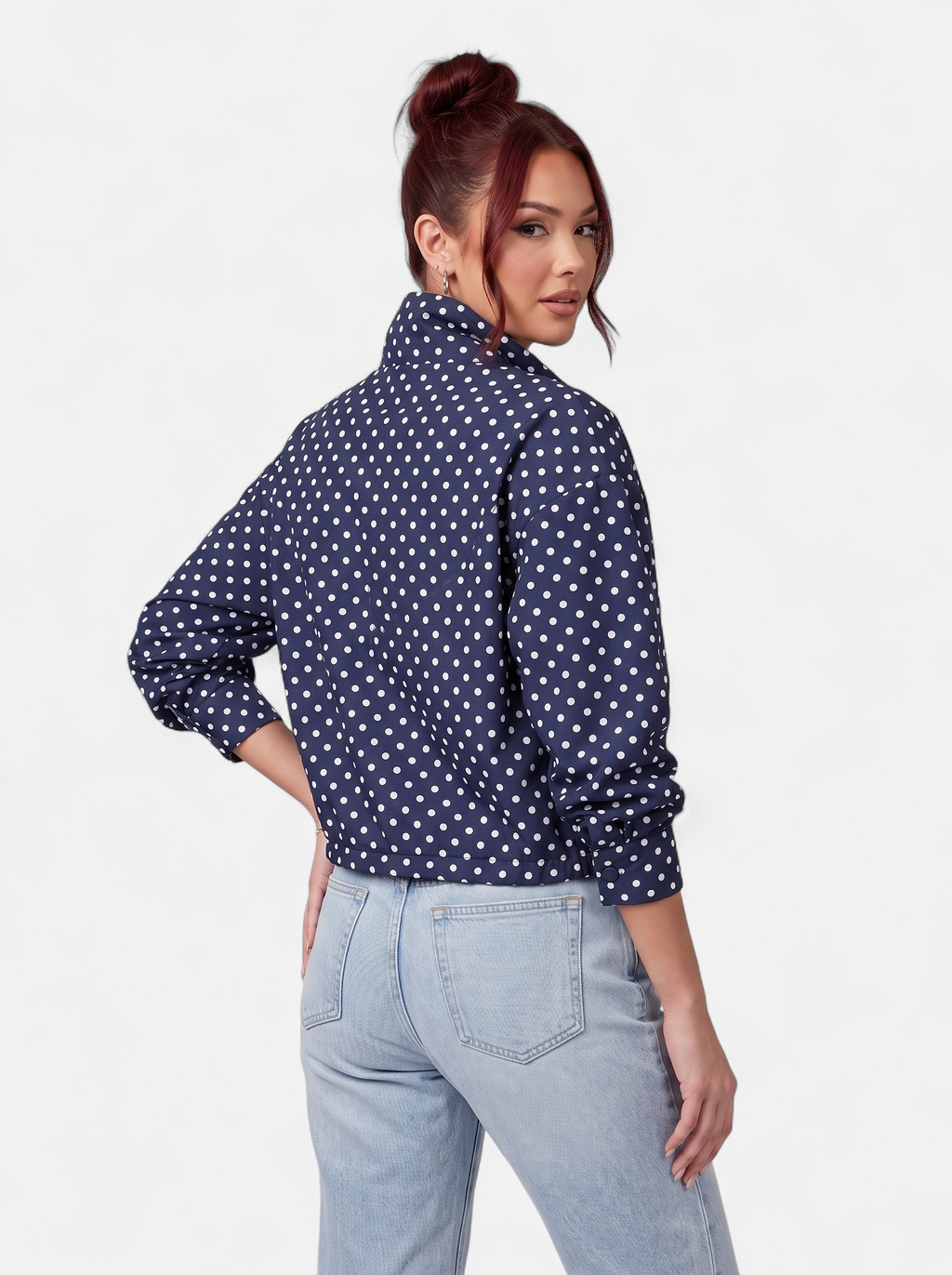 Women's blue polka dot bomber jacket back shot