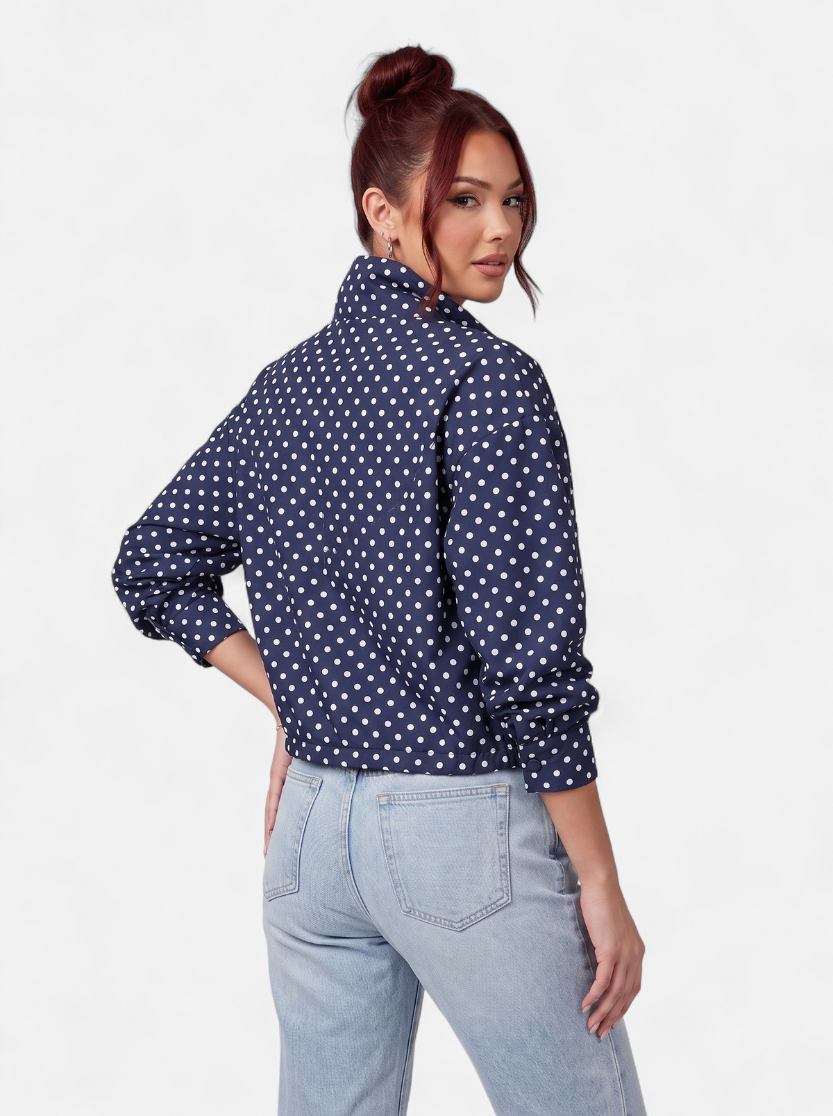 Women's blue polka dot bomber jacket back shot
