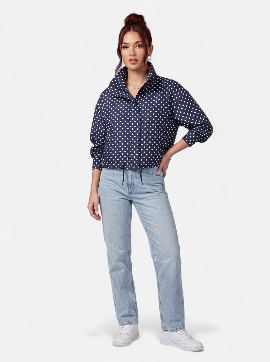 Women's blue polka dot bomber jacket full body shot