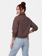 Women's brown polka dot bomber jacket back shot