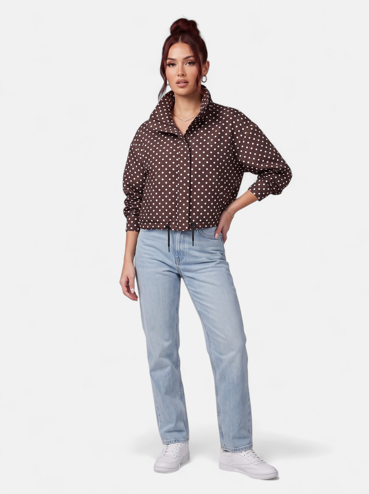 Women's brown polka dot bomber jacket full body shot