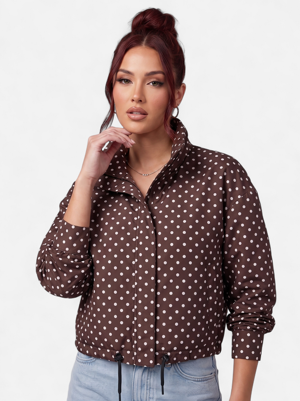 Women's brown polka dot bomber jacket hero shot