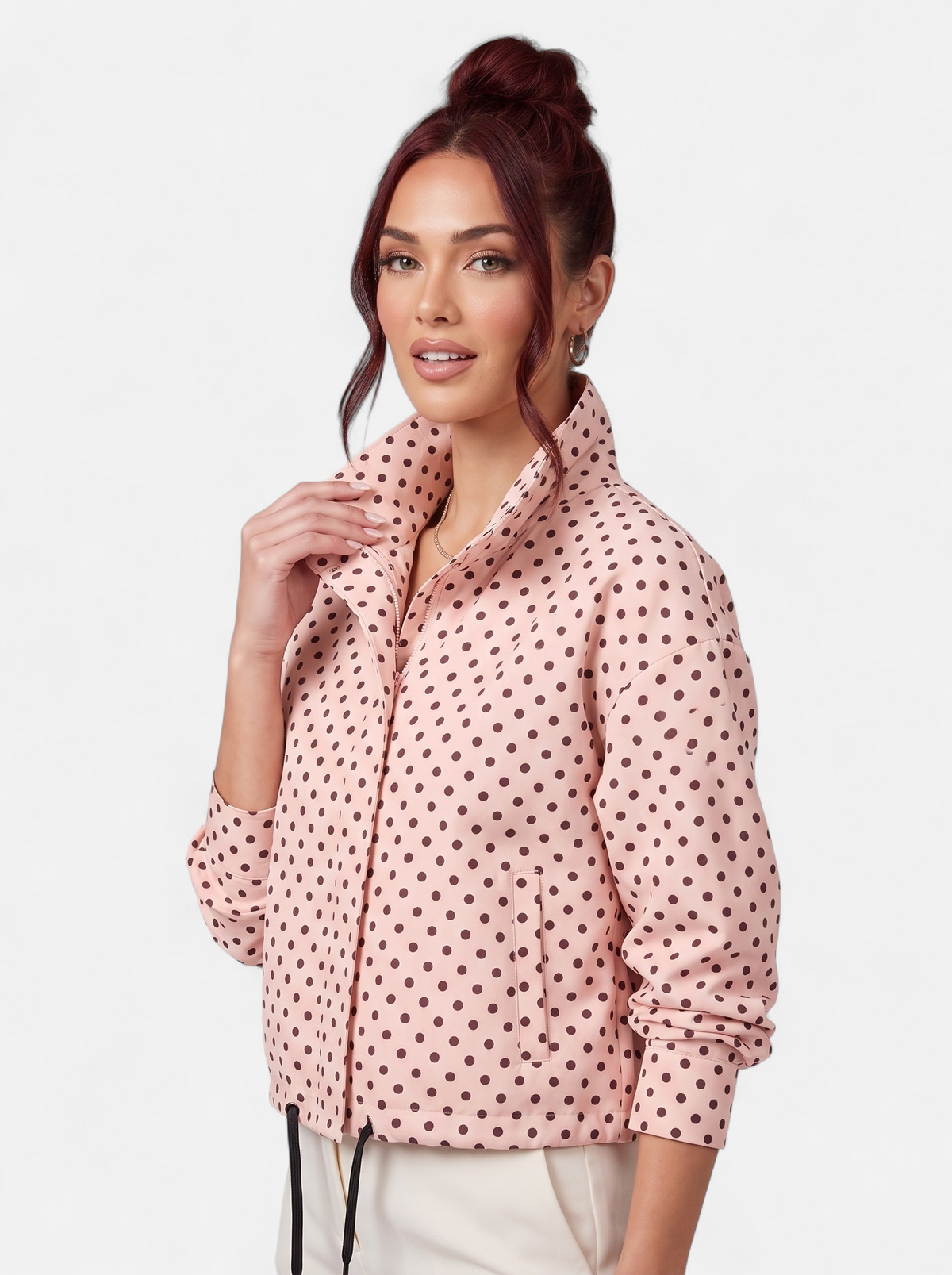 Women's pink polka dot bomber jacket hero shot