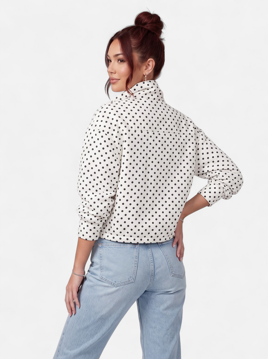 Women's white polka dot bomber jacket back shot
