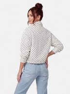 Women's white polka dot bomber jacket back shot
