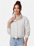 Women's white polka dot bomber jacket hero shot