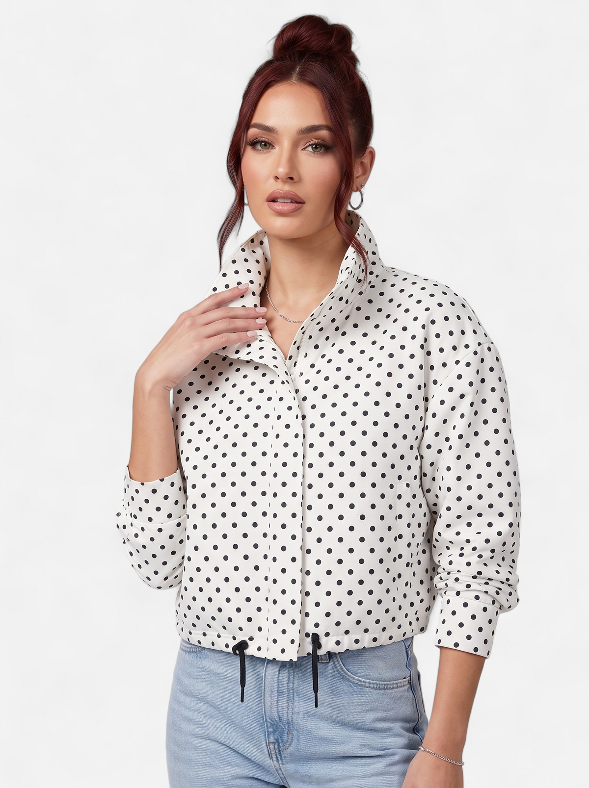 Women's white polka dot bomber jacket hero shot