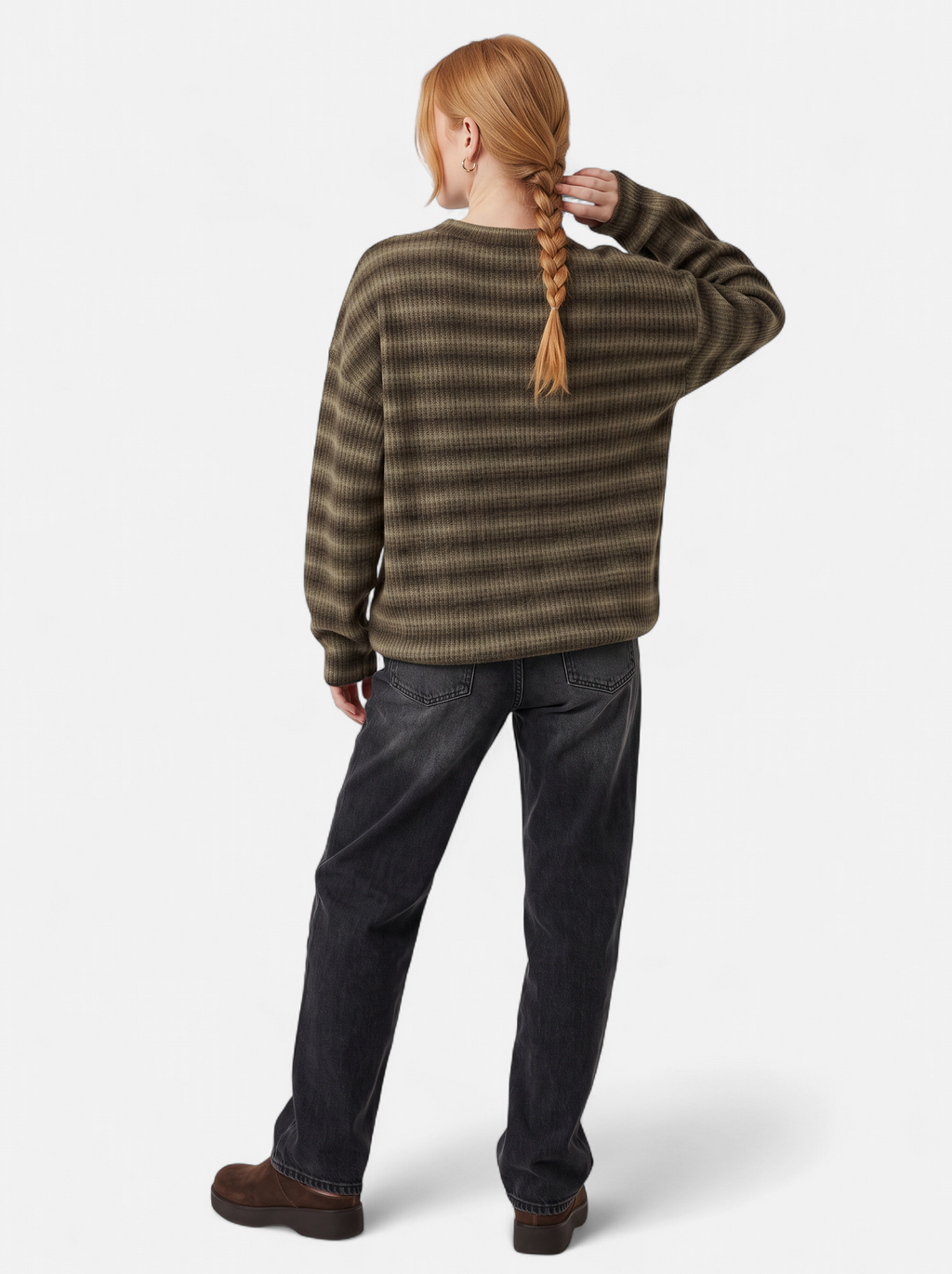 Women's khaki oversized striped crew neck sweater back shot
