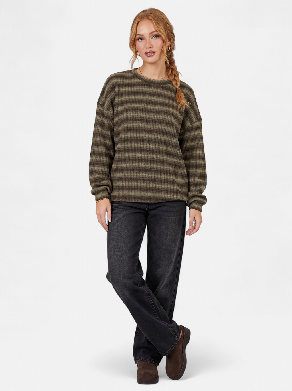 Women's khaki oversized striped crew neck sweater full body shot