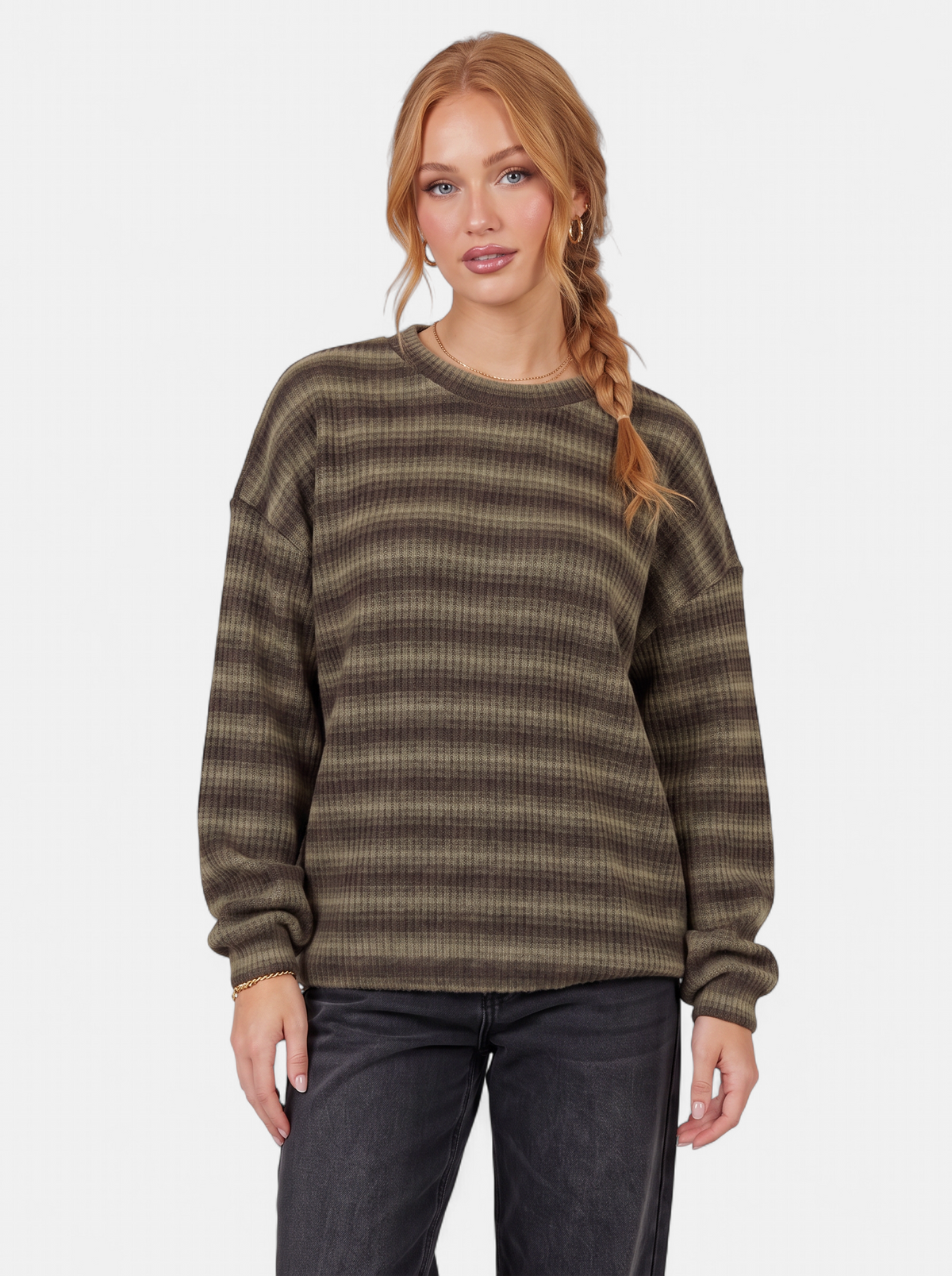 Women's khaki oversized striped crew neck sweater hero shot
