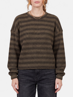 Women's brown oversized striped crew neck sweater detail shot