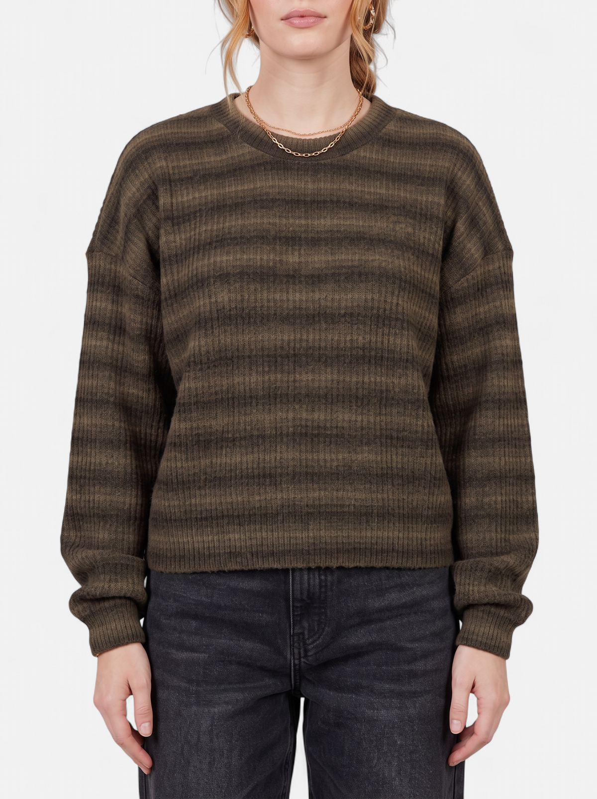 Women's brown oversized striped crew neck sweater detail shot