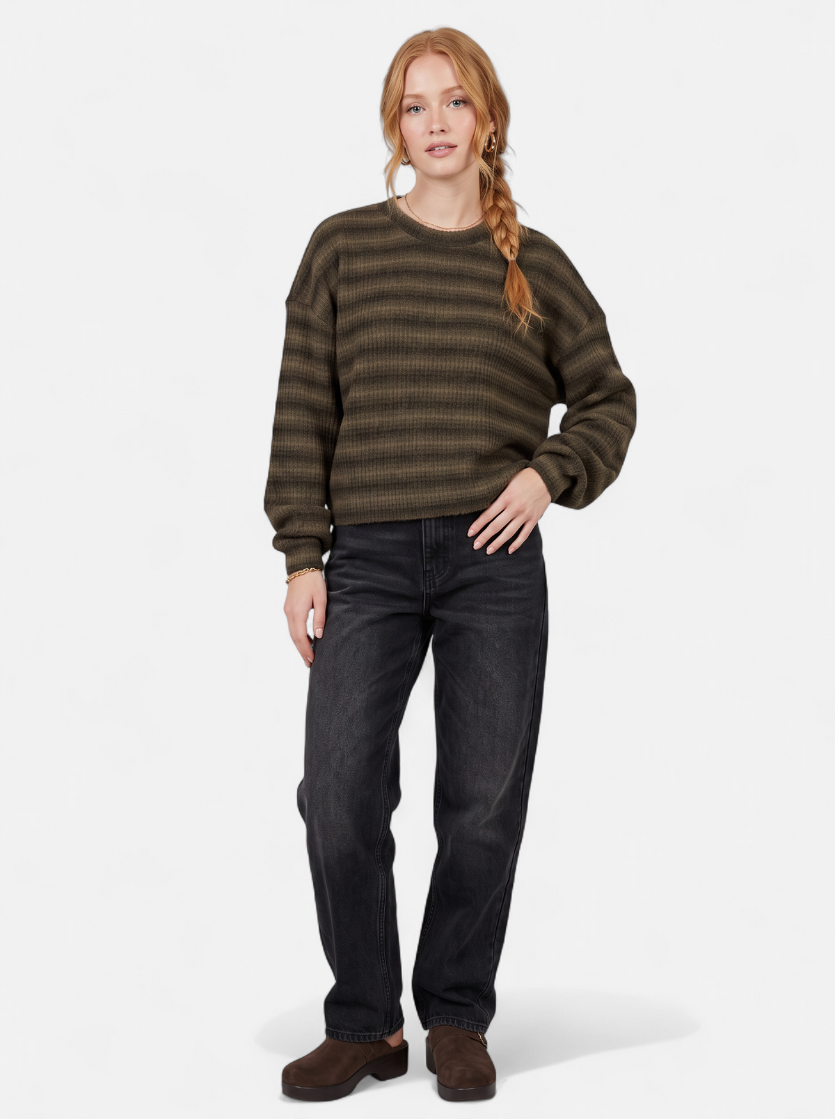 Women's brown oversized striped crew neck sweater full body shot