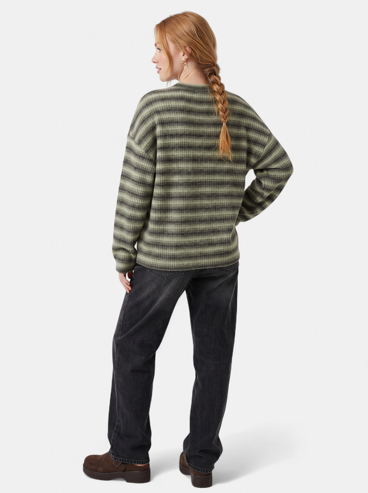 Women's green oversized striped crew neck sweater back shot