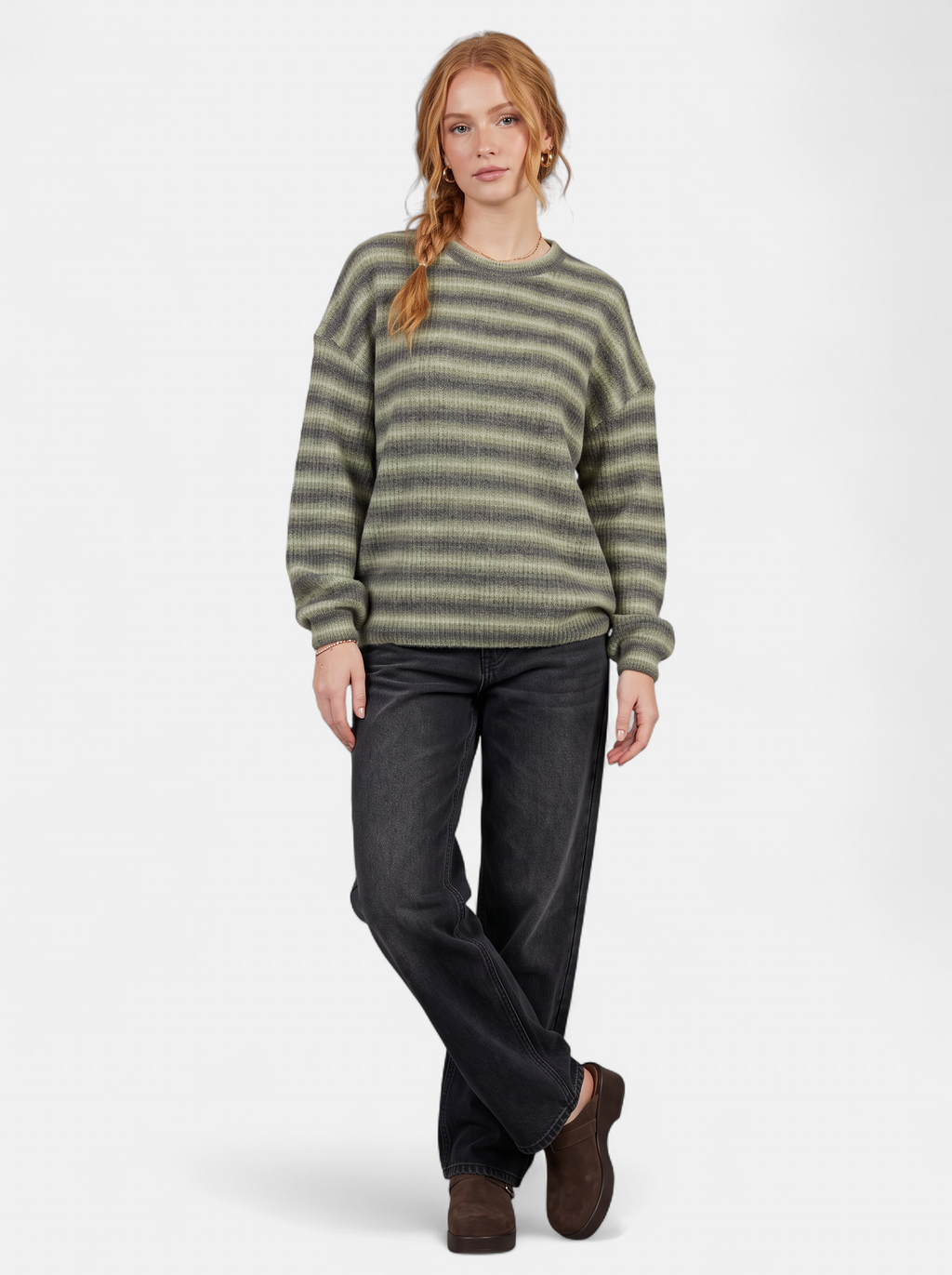 Women's green oversized striped crew neck sweater full body shot