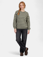 Women's green oversized striped crew neck sweater full body shot