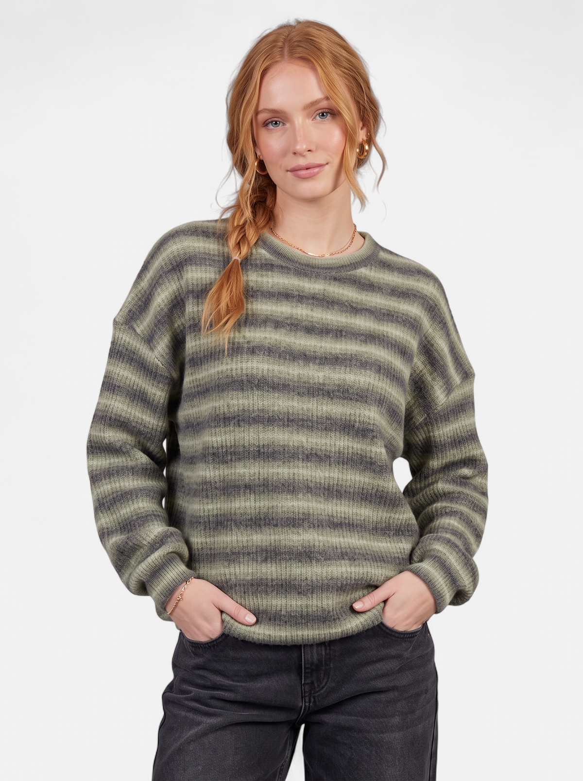 Women's green oversized striped crew neck sweater hero shot
