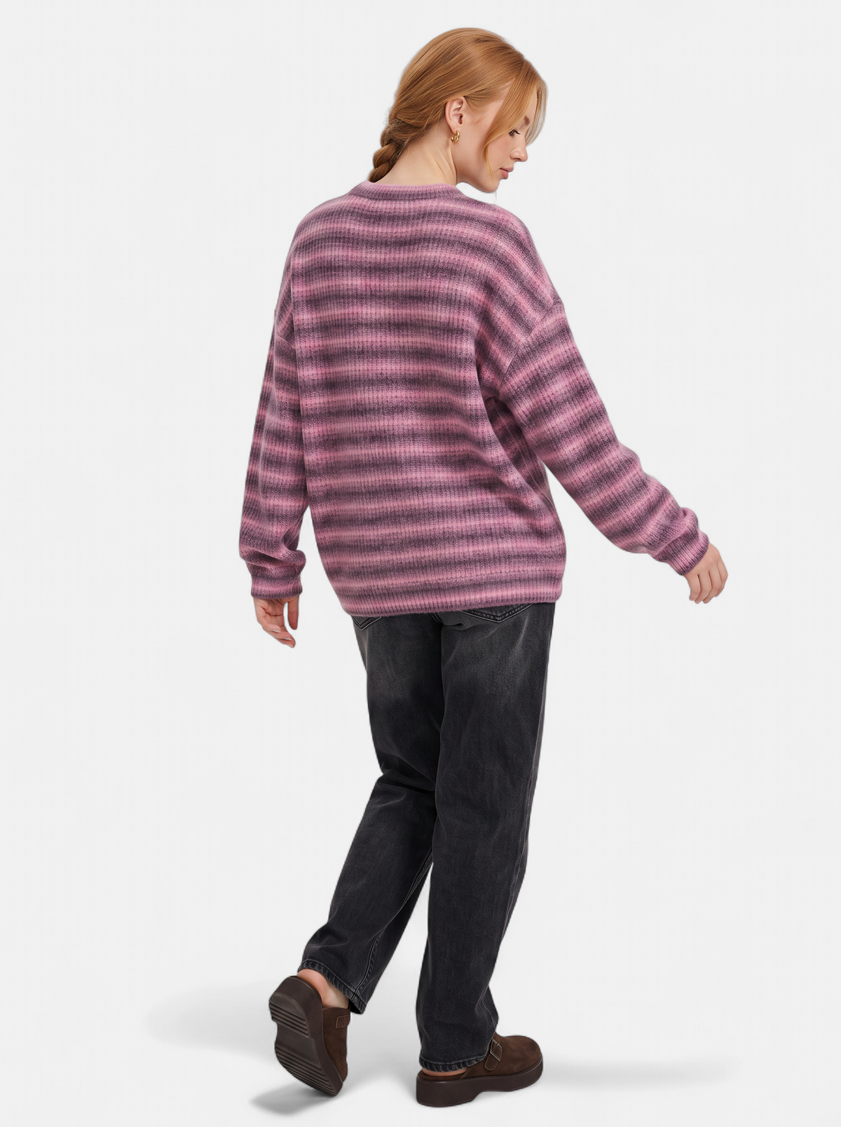 Women's purple oversized striped crew neck sweater back shot