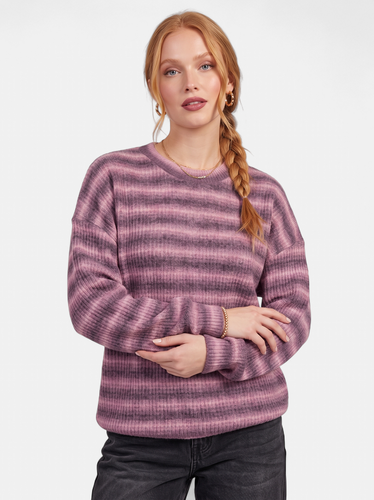 Women's purple oversized striped crew neck sweater hero shot