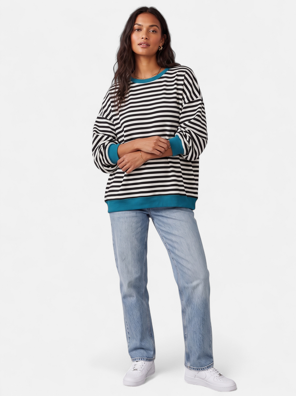 Women's black striped sweatshirt with contrast trim full body shot