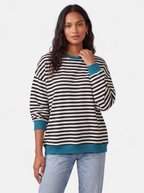 Women's black striped sweatshirt with contrast trim hero shot