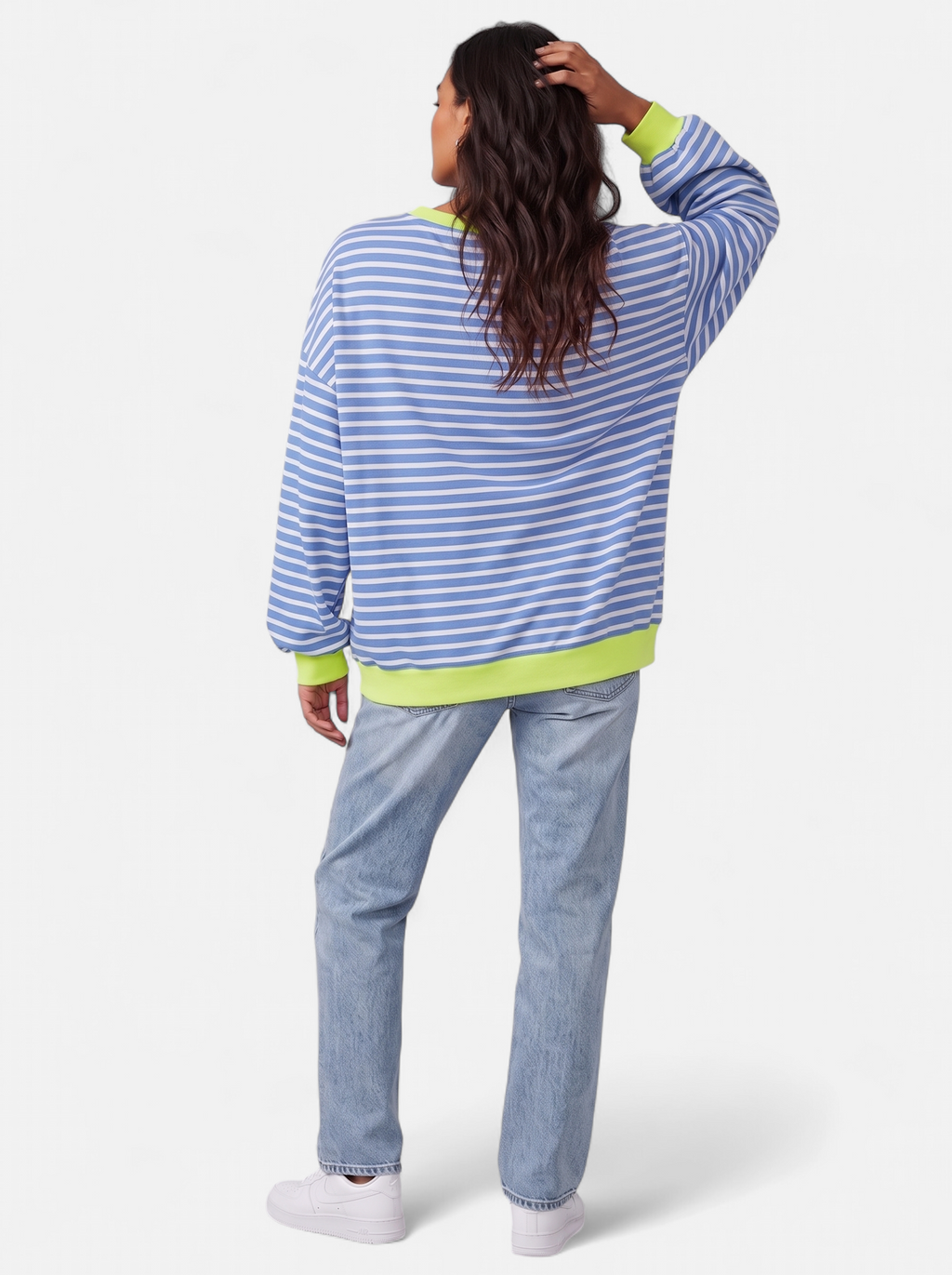 Women's blue striped sweatshirt with contrast trim back shot