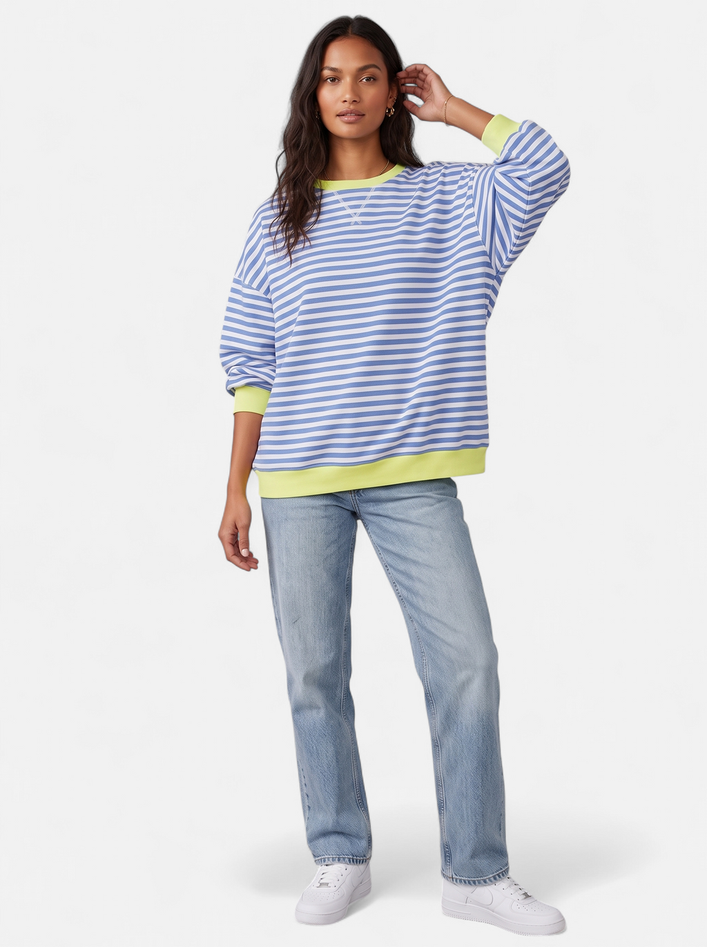 Women's blue striped sweatshirt with contrast trim full body shot