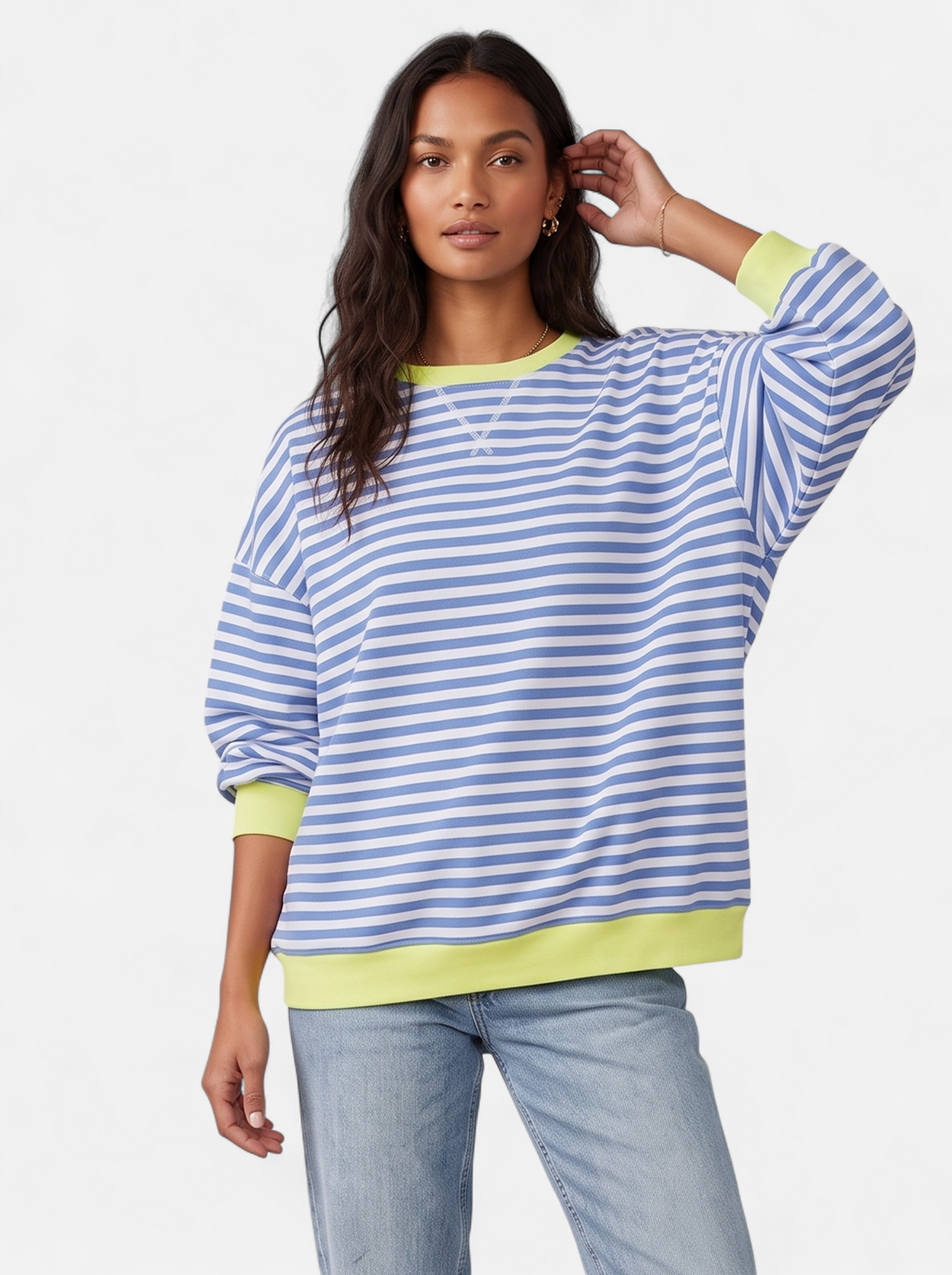 Women's blue striped sweatshirt with contrast trim hero shot