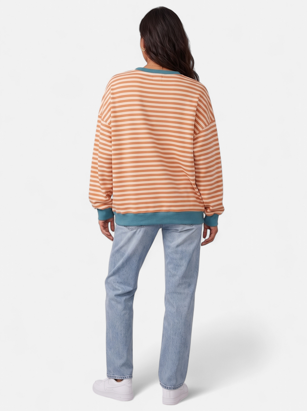 Women's orange striped sweatshirt with contrast trim back shot