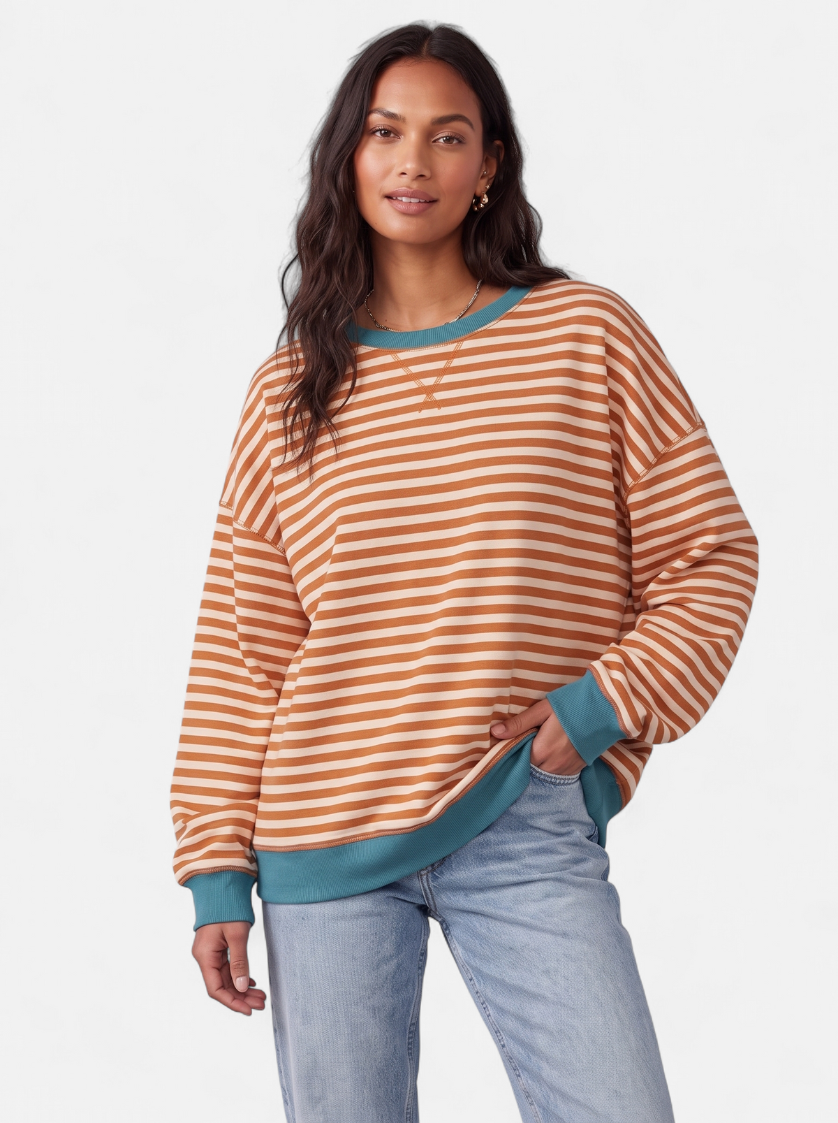 Women's orange striped sweatshirt with contrast trim hero shot