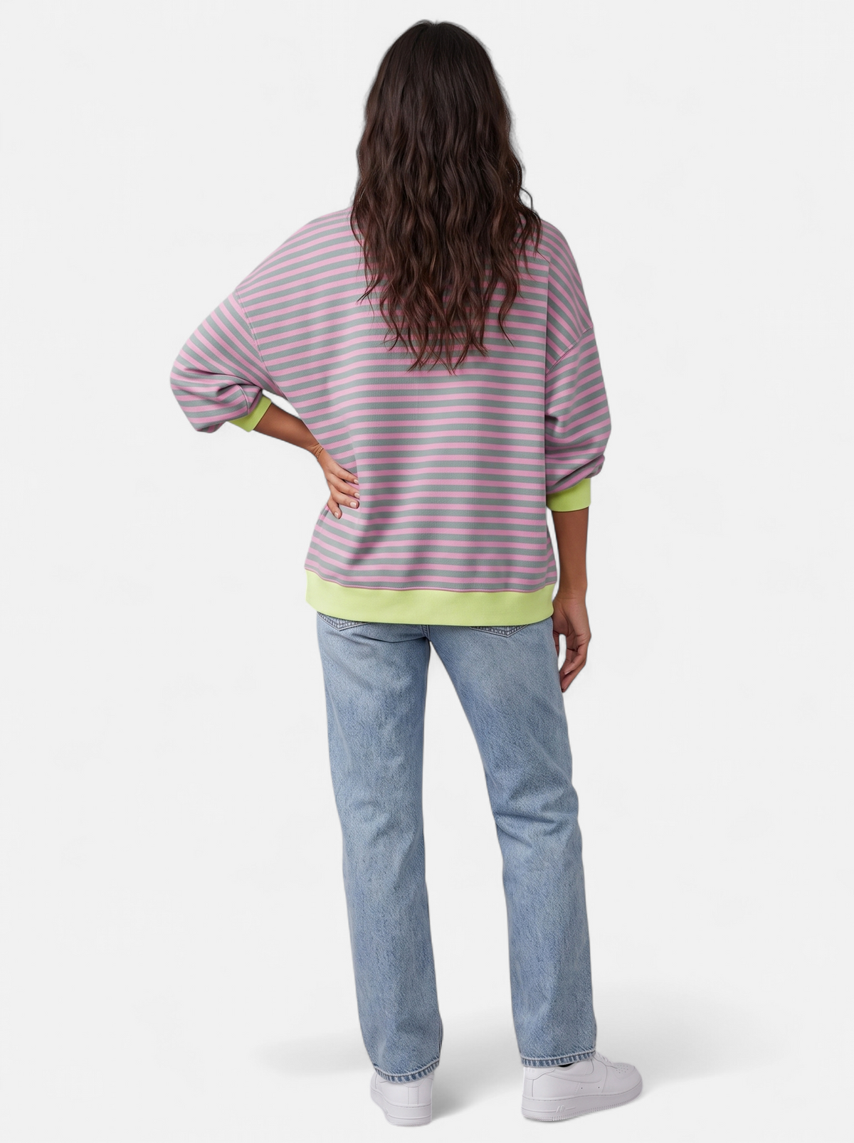 Women's pink striped sweatshirt with contrast trim back shot