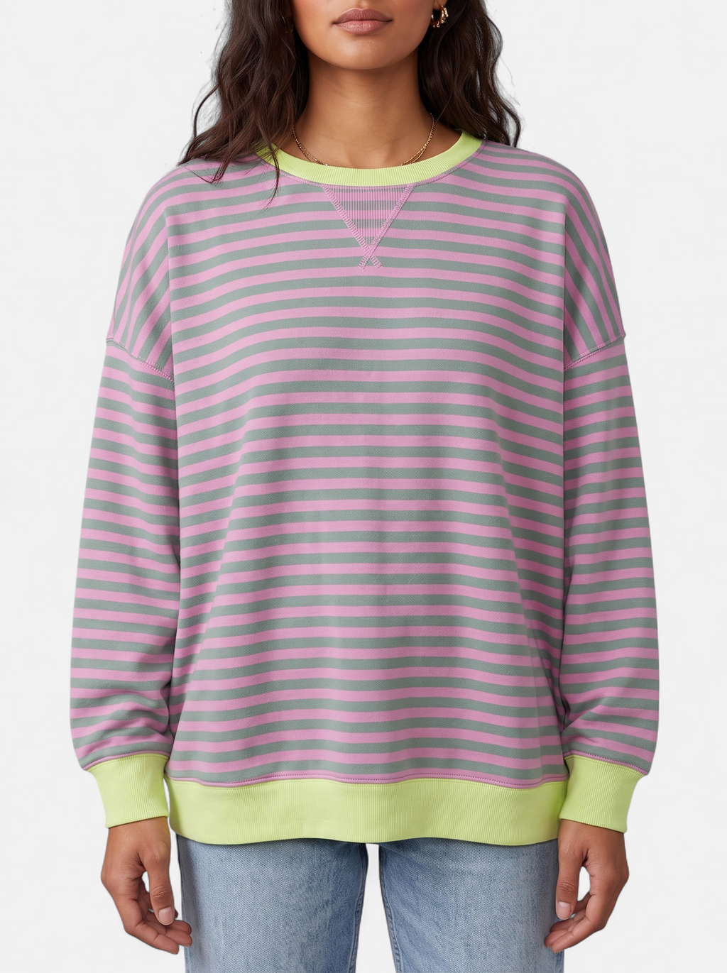 Women's pink striped sweatshirt with contrast trim detail shot