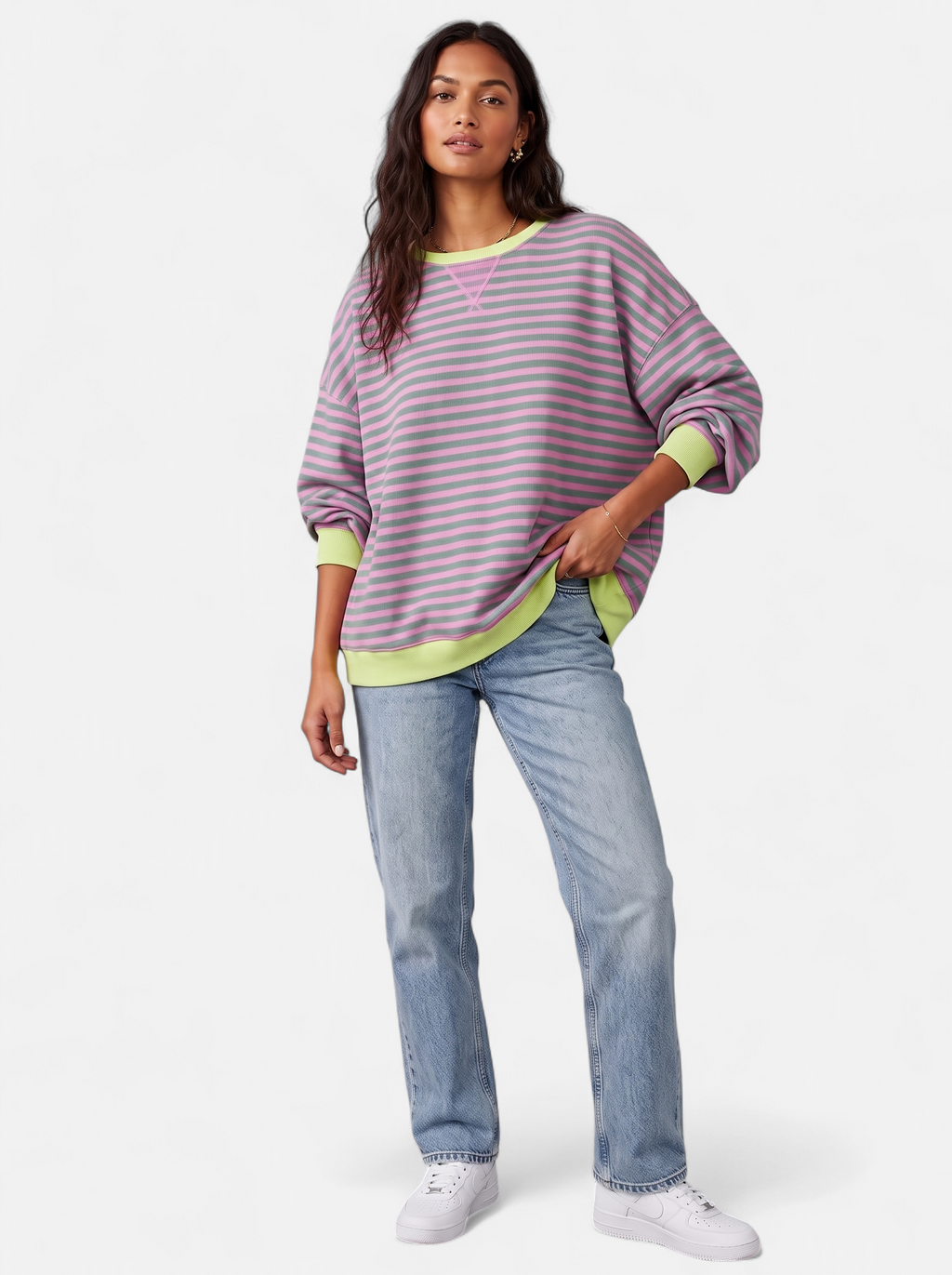 Women's pink striped sweatshirt with contrast trim full body shot