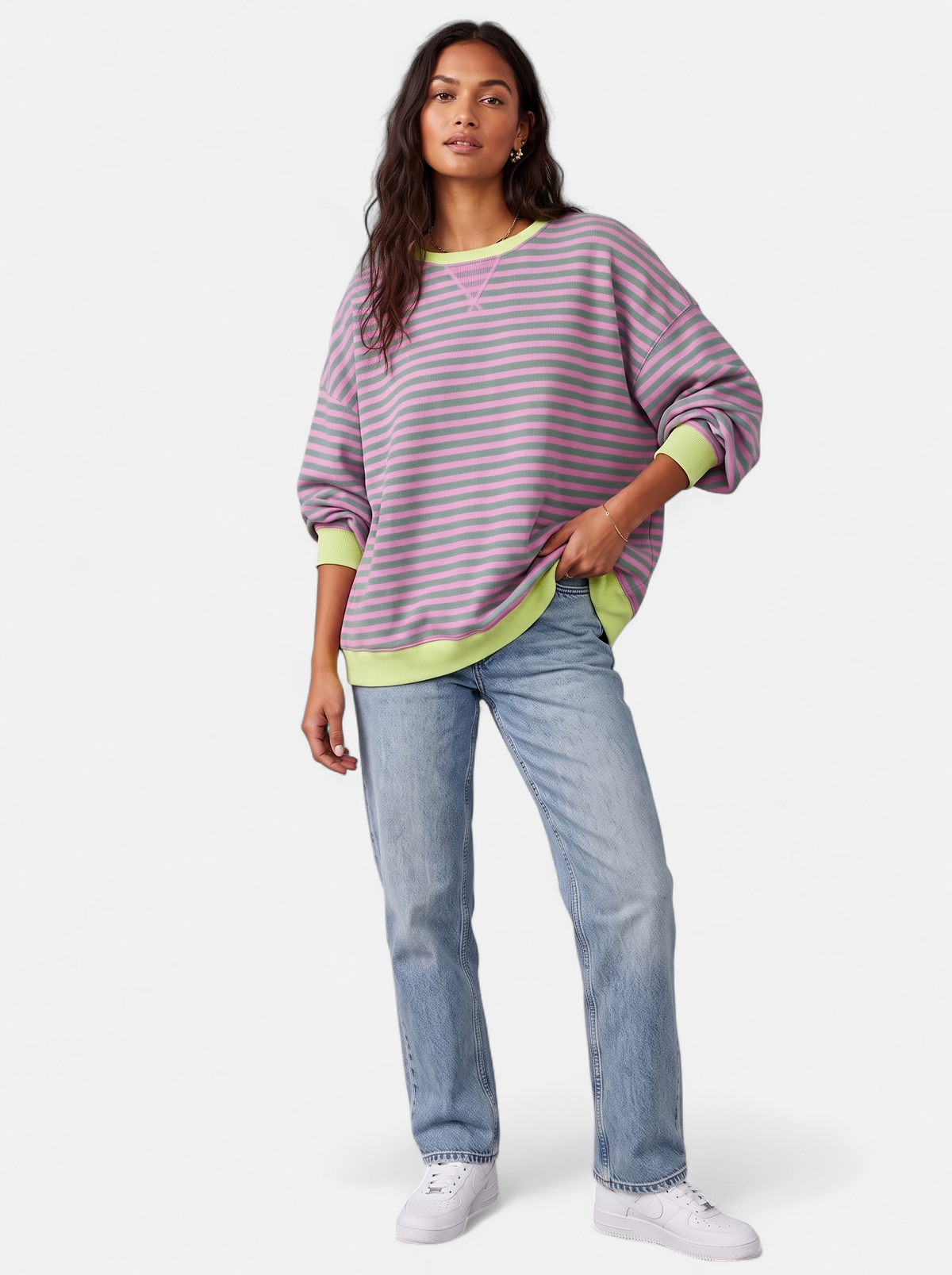 Women's pink striped sweatshirt with contrast trim full body shot