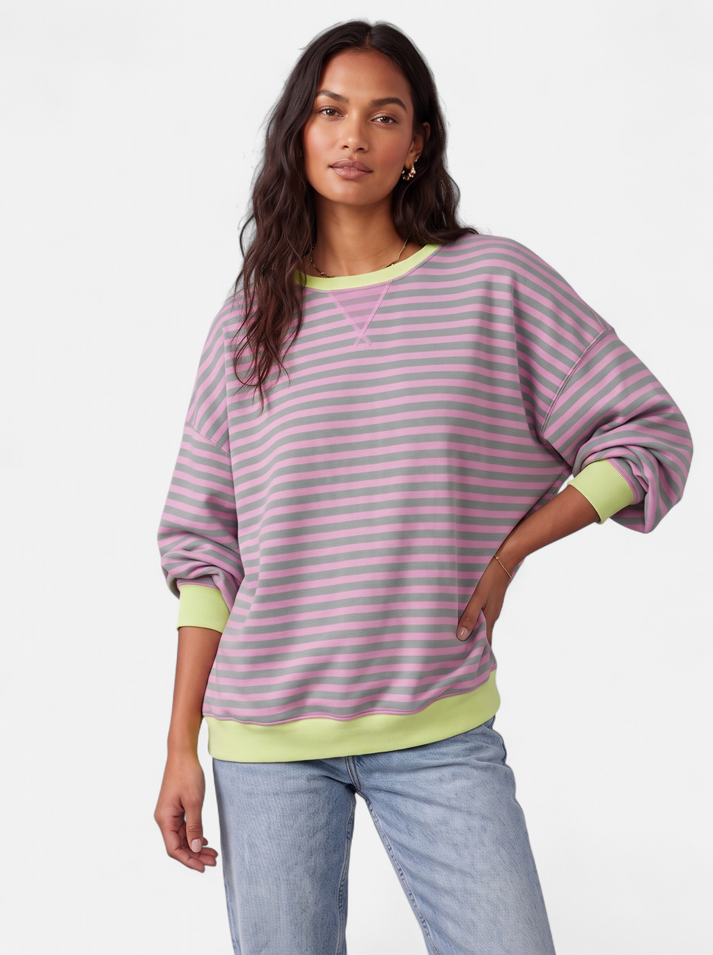 Women's pink striped sweatshirt with contrast trim hero shot