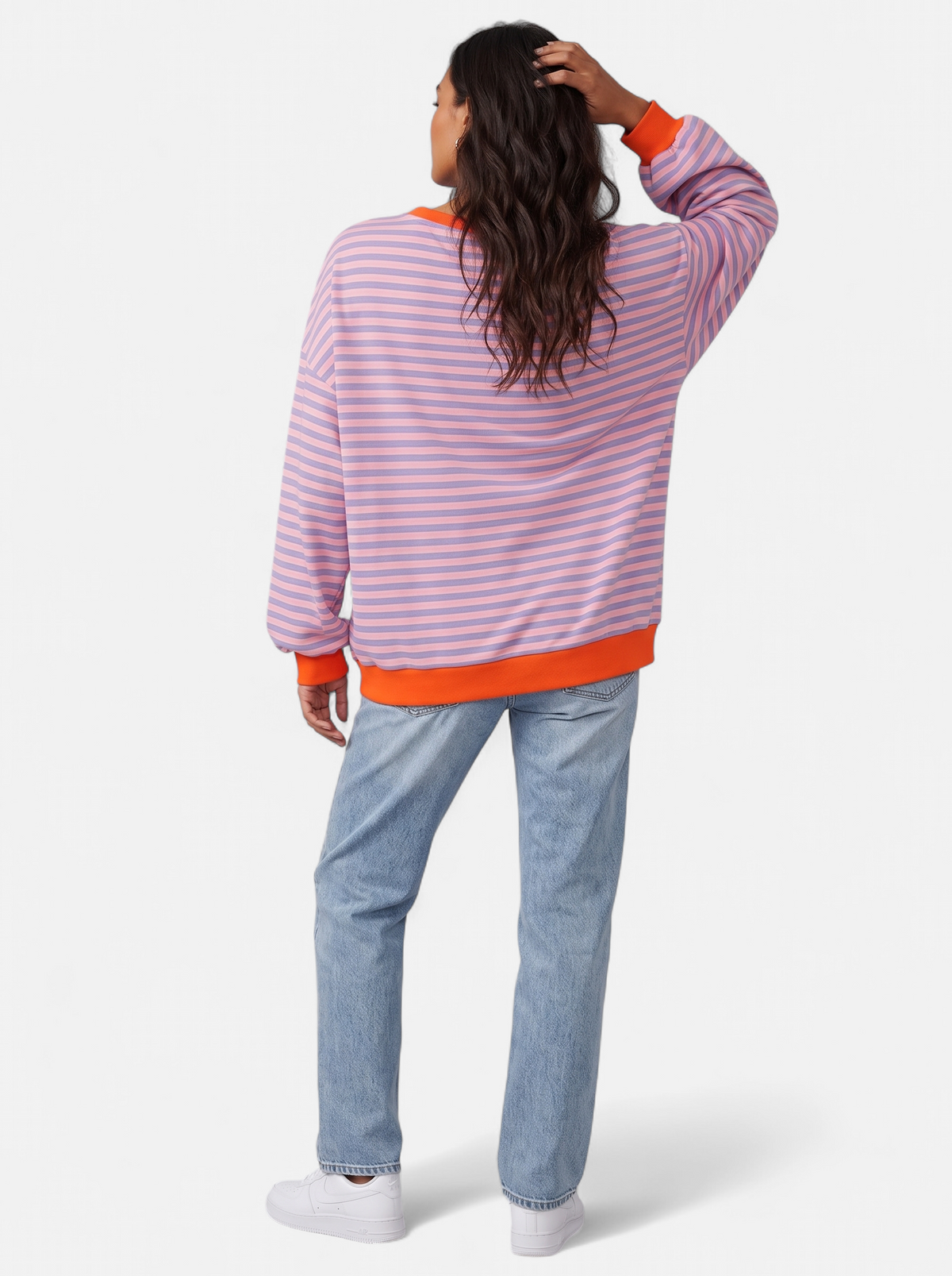 Women's multicolor pink and orange striped sweatshirt with contrast trim back shot