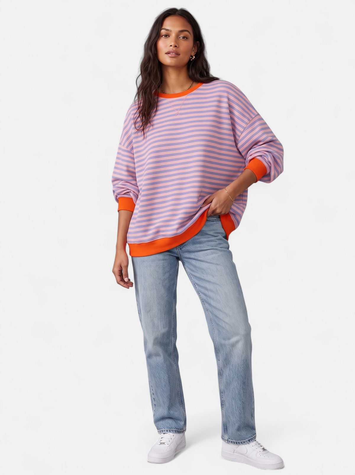 Women's multicolor pink and orange striped sweatshirt with contrast trim full body shot