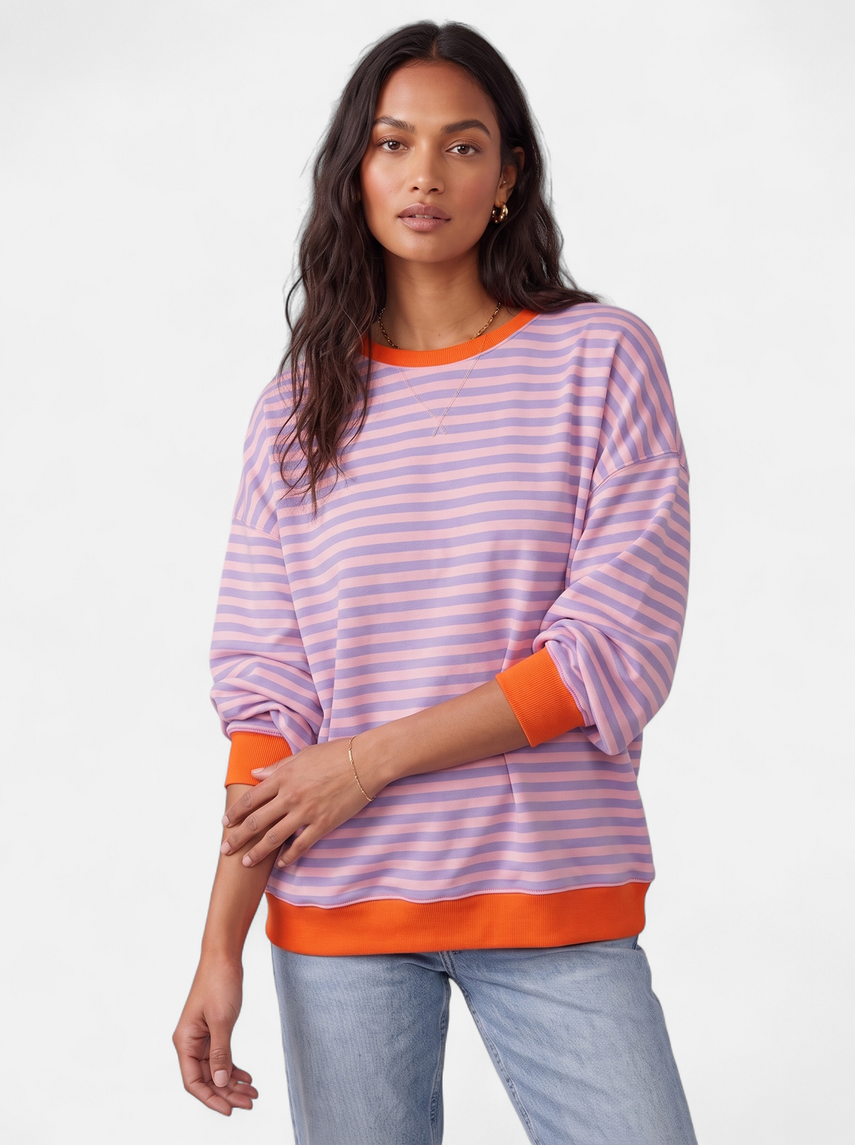 Women's multicolor pink and orange striped sweatshirt with contrast trim hero shot