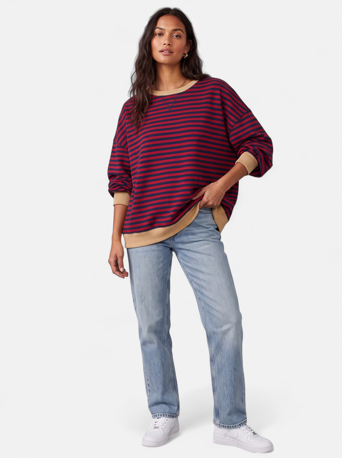 Women's red striped sweatshirt with contrast trim full body shot