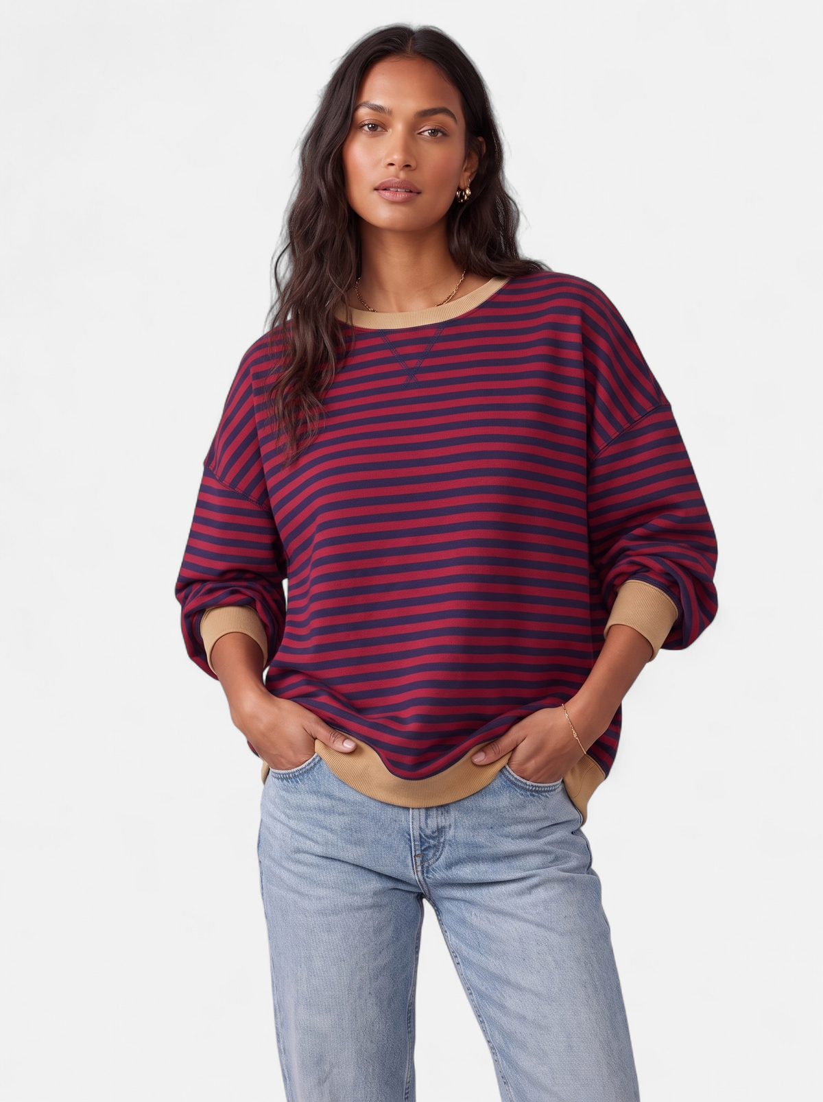 Women's red striped sweatshirt with contrast trim hero shot