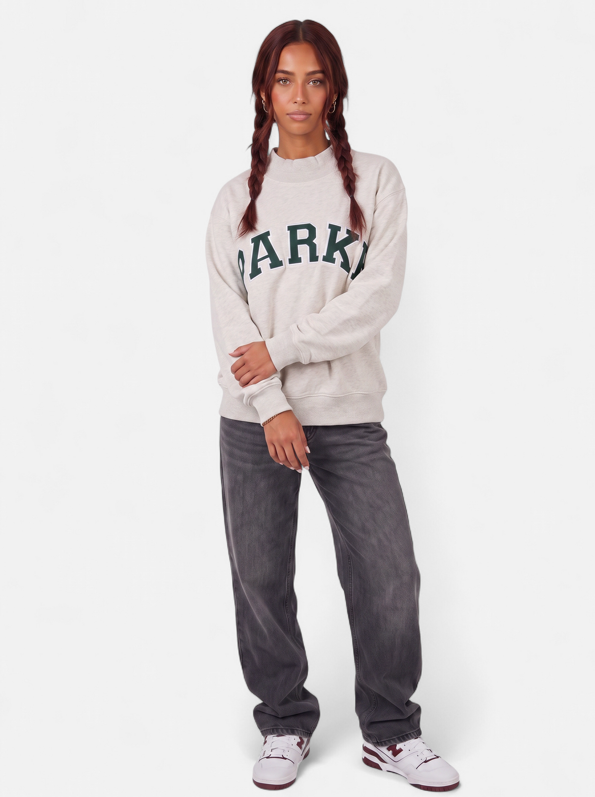 Women's gray oversized varsity sweatshirt full body shot