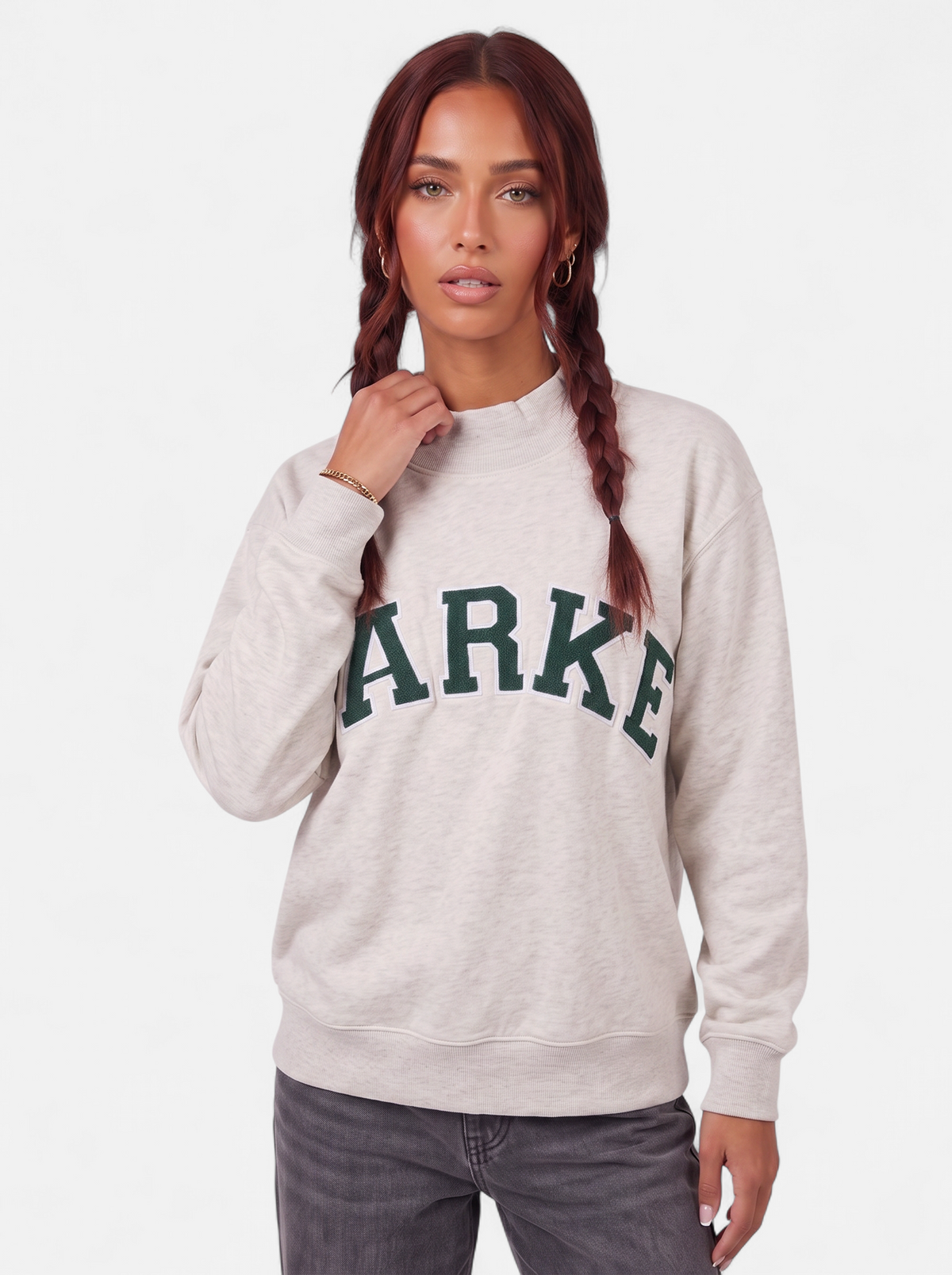 Women's gray oversized varsity sweatshirt hero shot