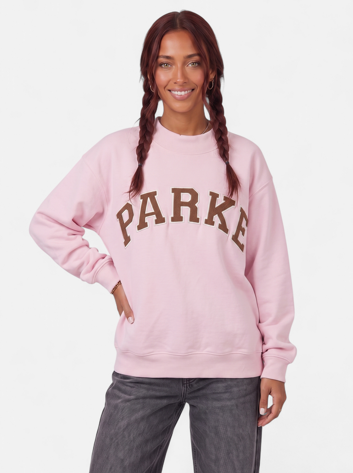 Women's pink oversized varsity sweatshirt hero shot