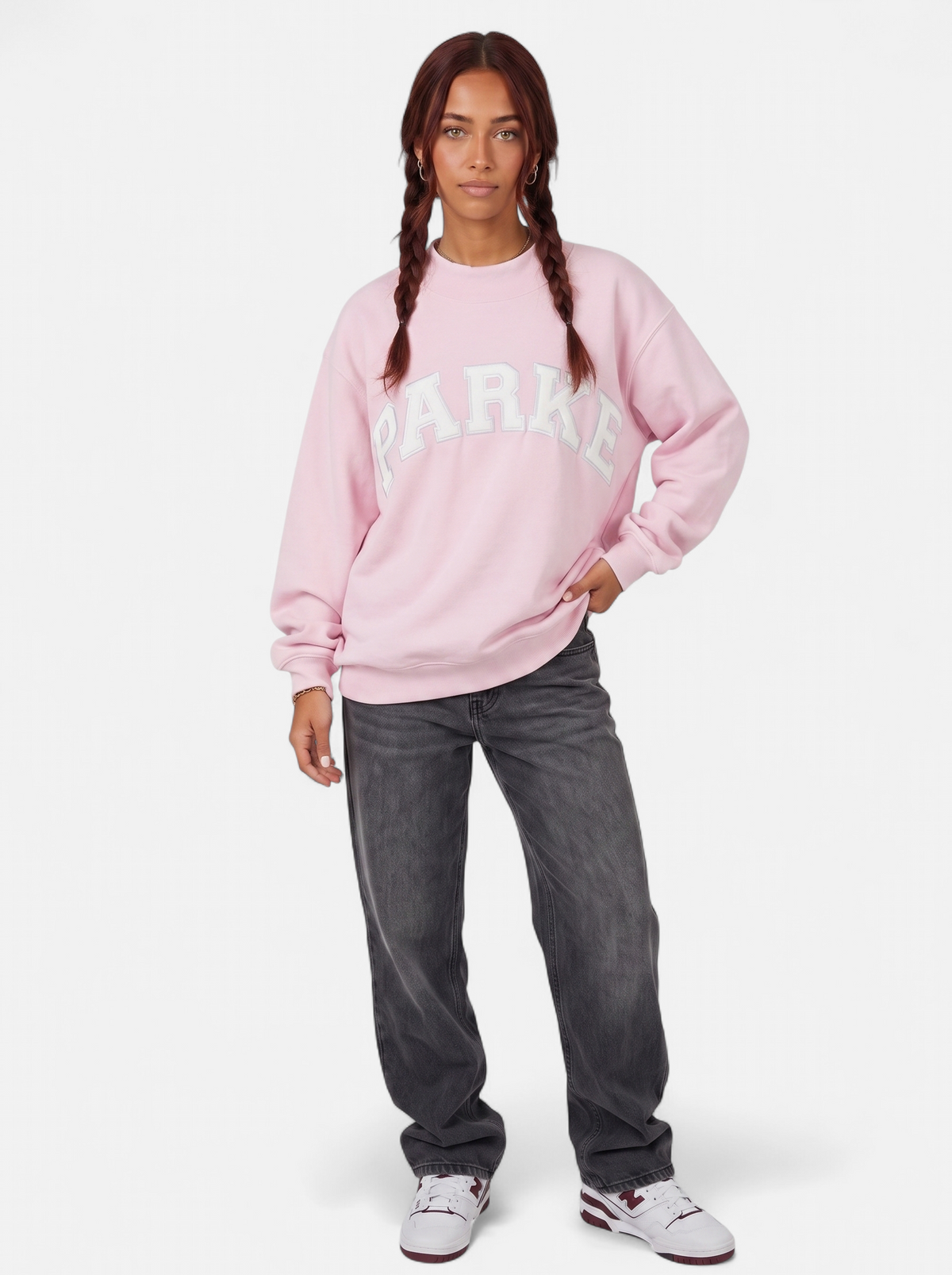 Women's purple oversized varsity sweatshirt full body shot