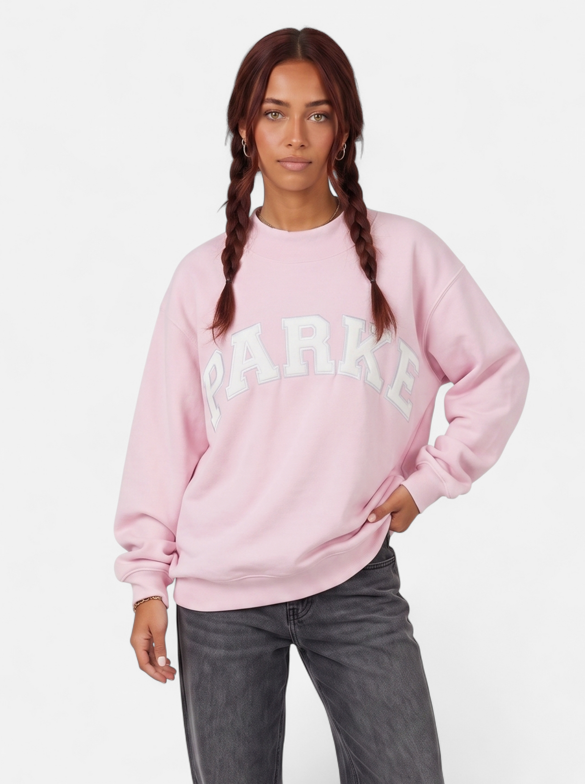 Women's purple oversized varsity sweatshirt hero shot