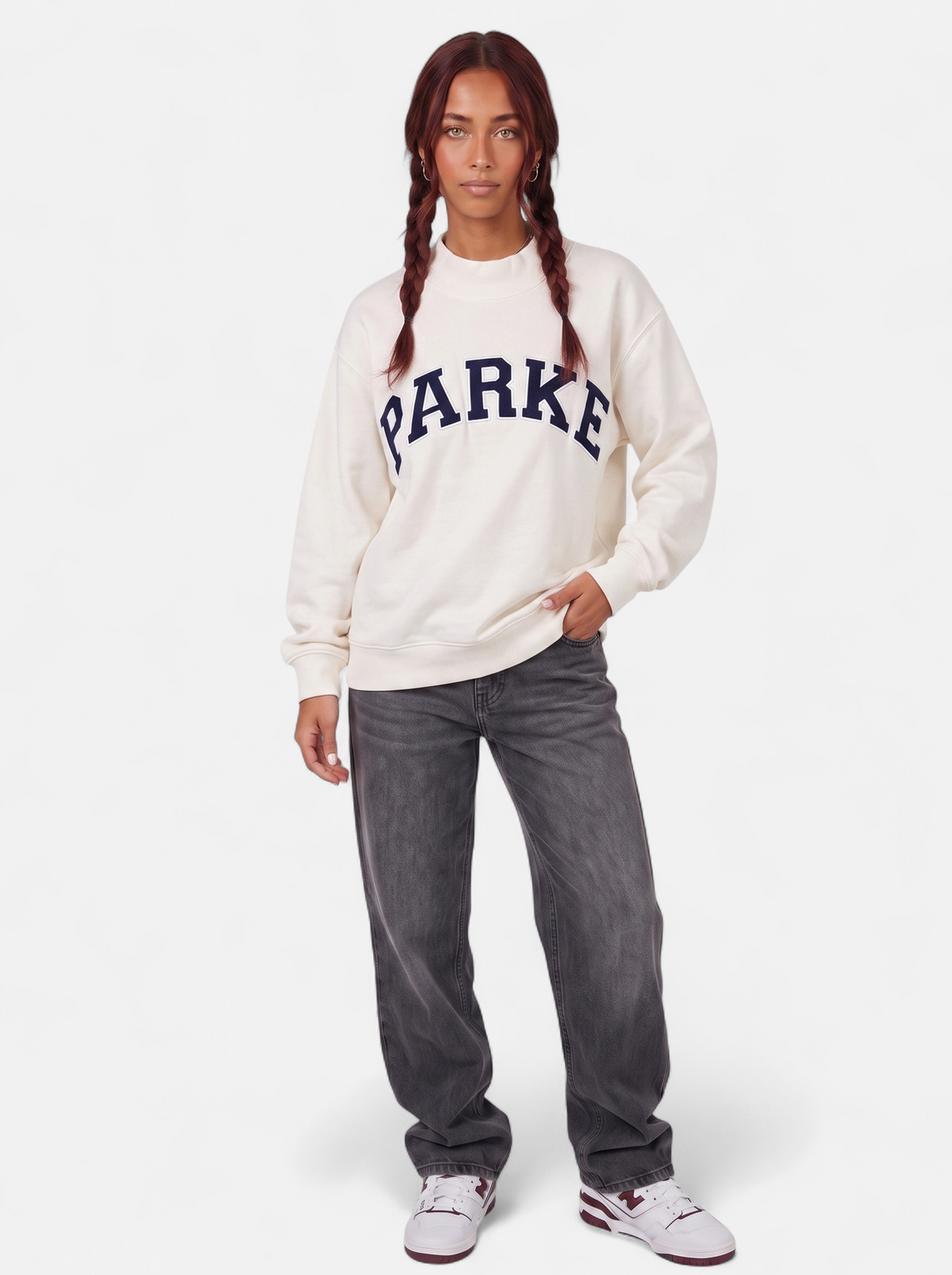 Women's white oversized varsity sweatshirt full body shot
